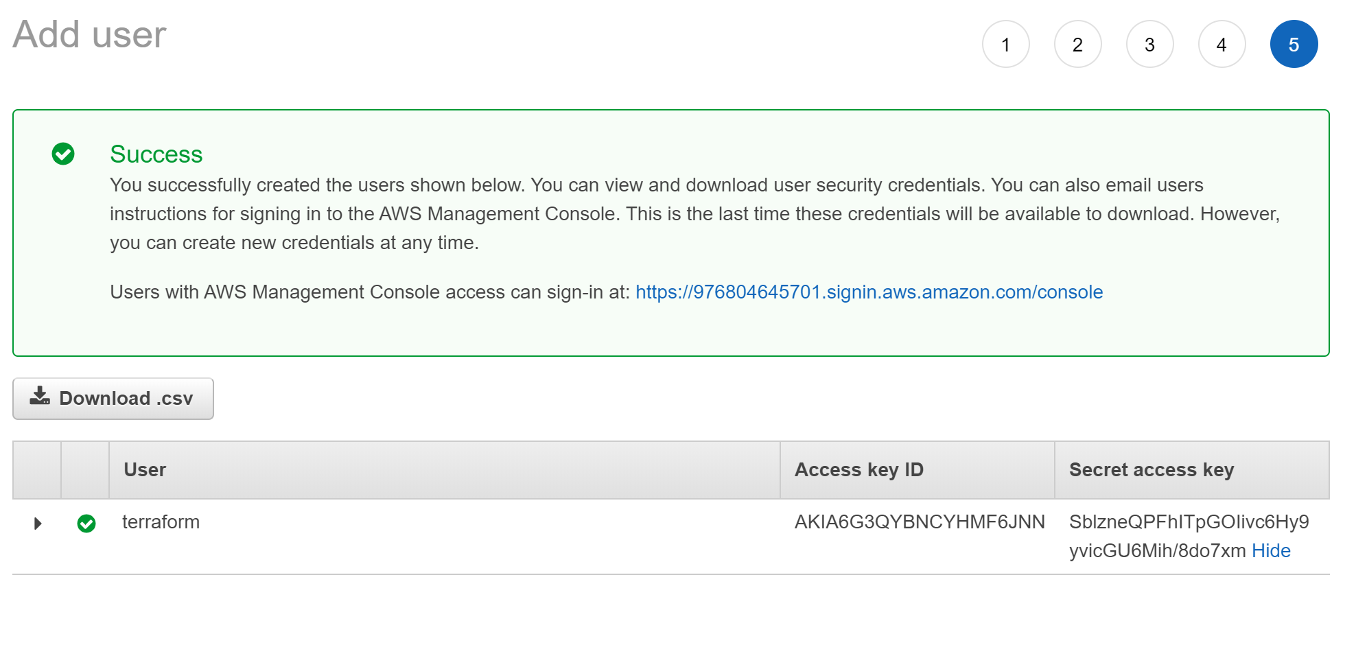 A screenshot of creating a user successfully in an AWS cloud console.