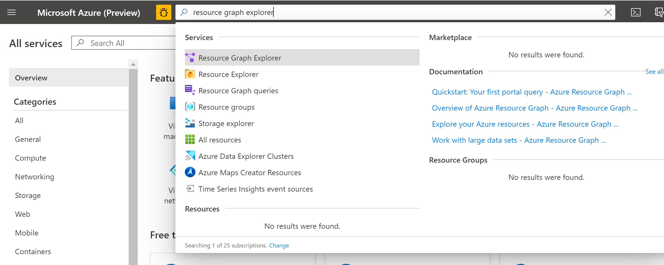 Een schermopname van de Resource Graph Explorer in de Azure Portal.