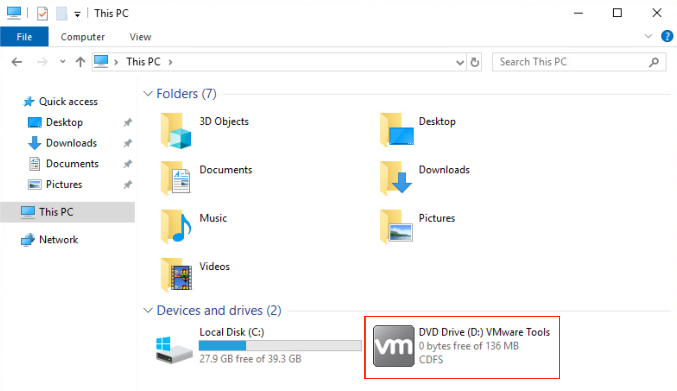 Schermopname van het VMware Tools-dvd-station in het venster Windows Verkenner.