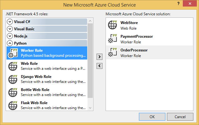 Het dialoogvenster Azure Cloud Service