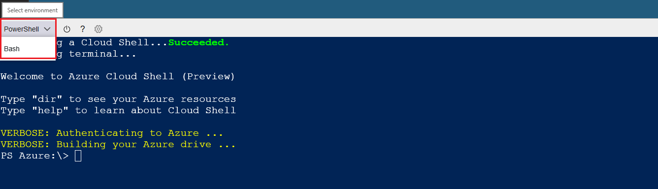 Screenshot showing how to select the PowerShell environment for the Azure Cloud Shell.