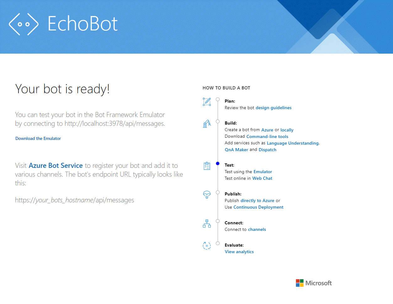 Schermopname van de pagina EchoBot met het bericht dat uw bot gereed is.