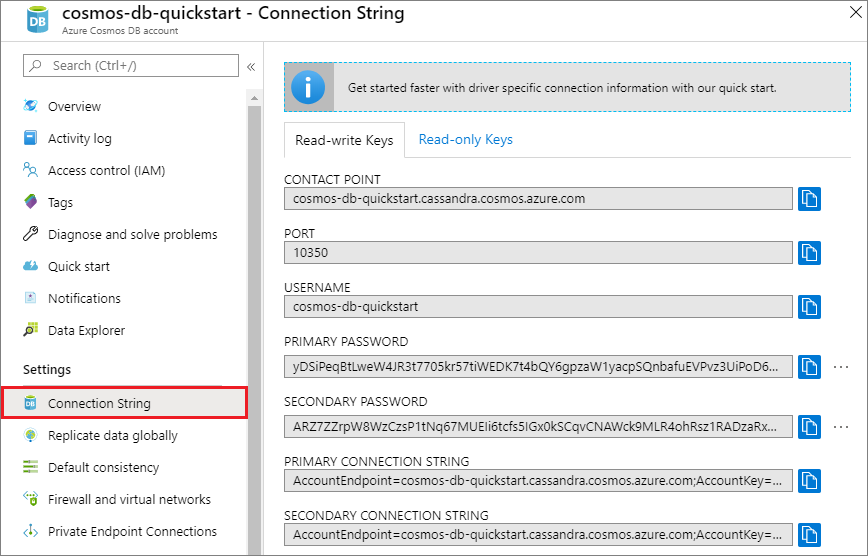 Een gebruikersnaam, wachtwoord en contactpunt voor toegang in Azure Portal weergeven en kopiëren, blade Verbindingsreeks
