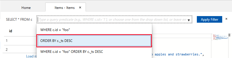 De standaardquery wijzigen door ORDER BY toe te voegen c._ts DESC en op Filter toepassen te klikken