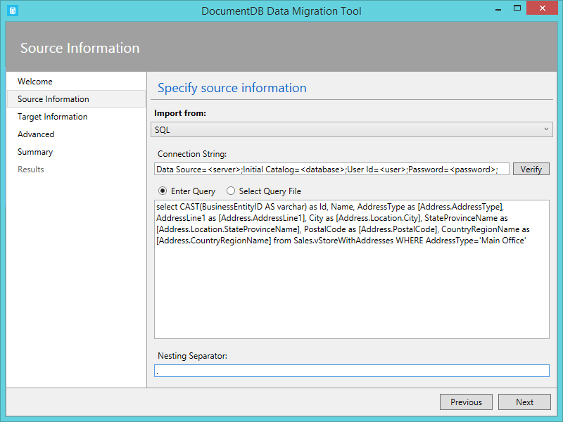 Schermafbeelding van SQL bronopties - hulpprogramma's voor databasemigratie