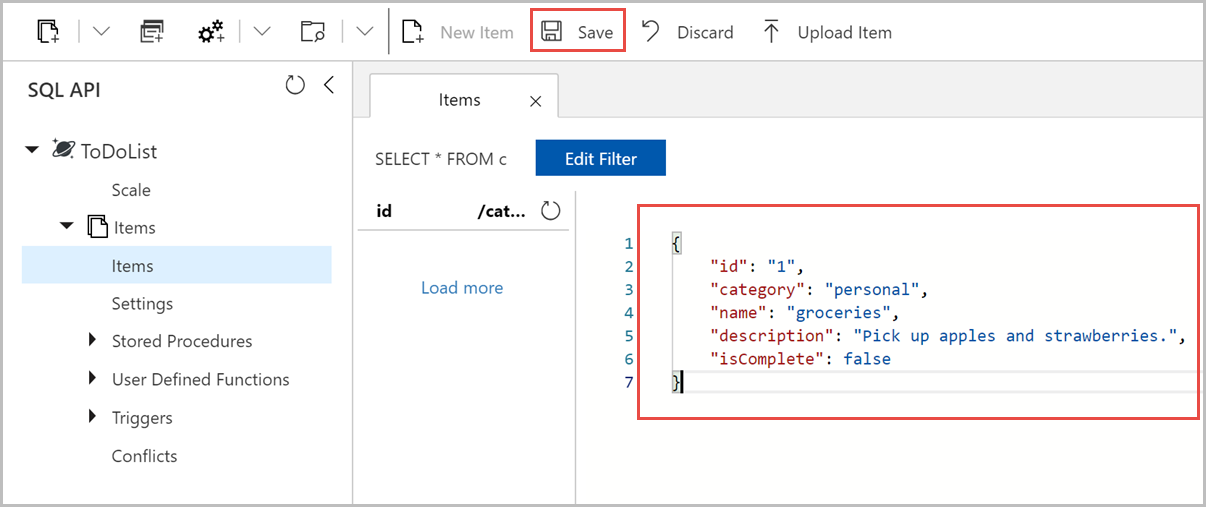 Copy in json data and select Save in Data Explorer in the Azure portal