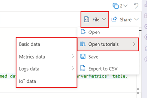 Schermopname van de vervolgkeuzelijst Azure Data Explorer web-U I om voorbeeldzelfstudies te kiezen in het queryvenster.