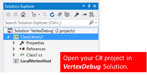 Schermopname van solution explorer in Visual Studio, met de vertexDebug-oplossing.
