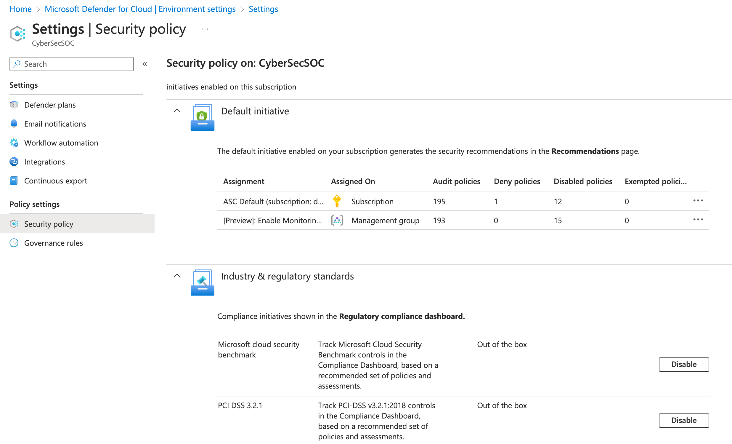 Defender for Cloud's security policy page