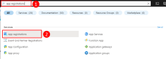 Een schermopname die laat zien hoe u de bovenste zoekbalk in Azure Portal gebruikt om naar de pagina App-registraties te zoeken en te navigeren.