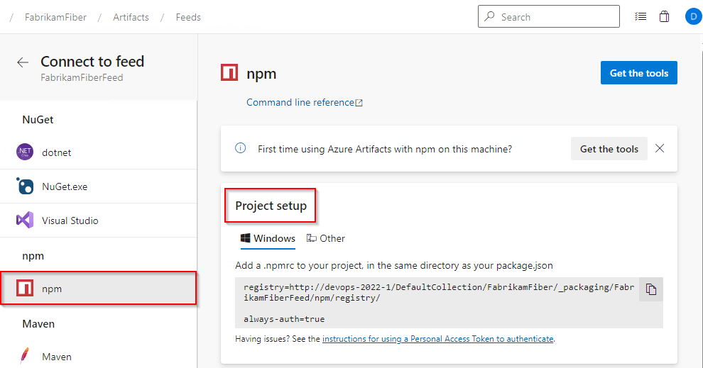 Een schermopname van het instellen van uw npm-project in Azure DevOps Server 2022.1.