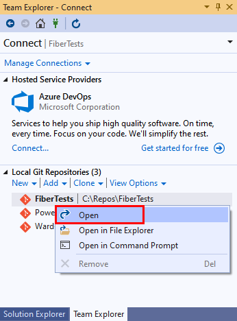 Schermopname van gekloonde opslagplaatsen in de sectie 'Lokale Git-opslagplaatsen' van Team Explorer in Visual Studio 2019.