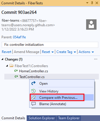 Schermopname van de optie 'Vergelijken met vorige' in het venster Details doorvoeren in Visual Studio 2019.