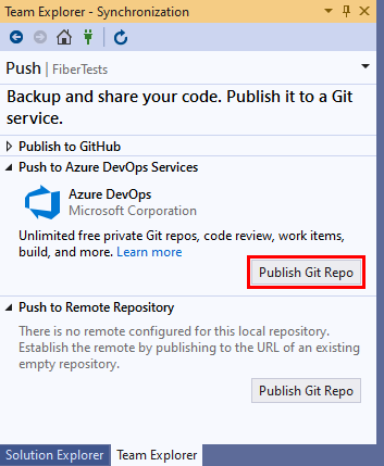 Schermopname van de weergave Push van Team Explorer in Visual Studio 2019.