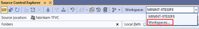 Schermopname van Source Control Explorer in Visual Studio. In de lijst Met werkruimten is een werkruimte zichtbaar en werkruimten gemarkeerd.
