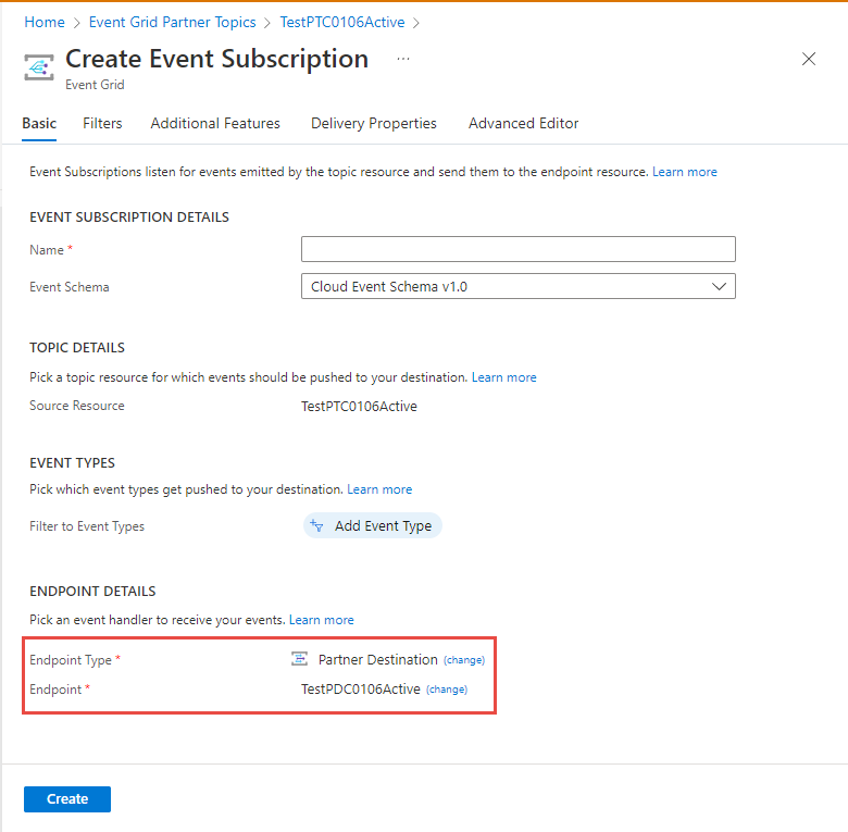 Screenshot showing the Create Event Subscription page with a partner destination configured.