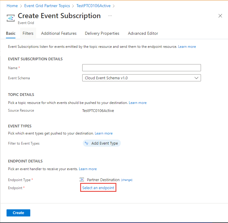 Screenshot showing the Create Event Subscription page with Select an endpoint link selected.