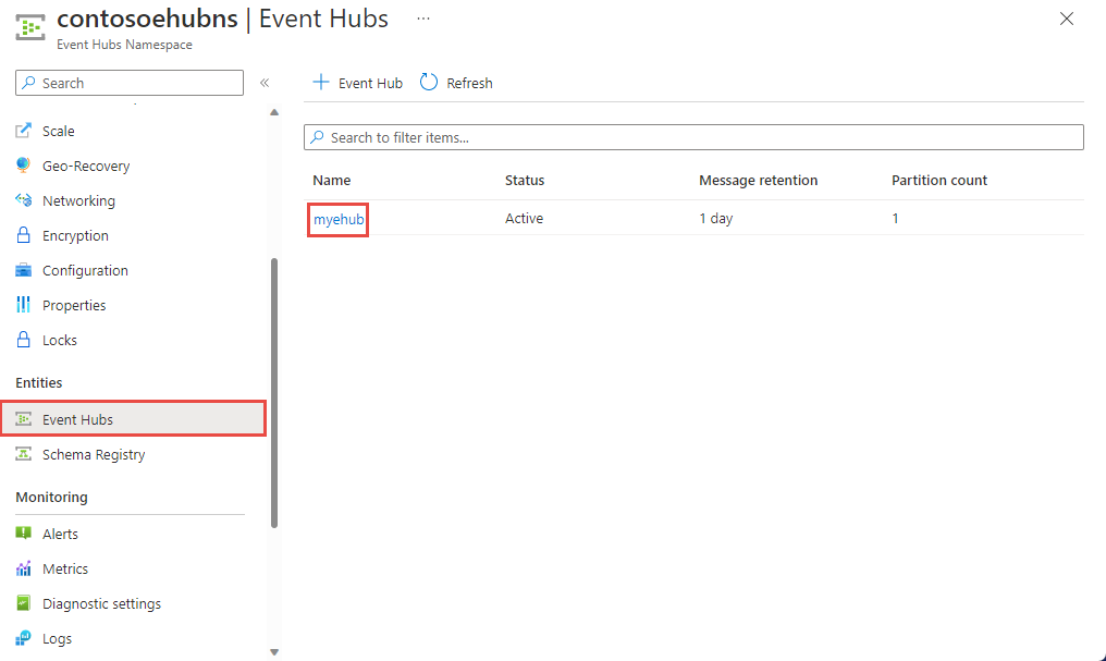 Schermopname van de selectie van een Event Hub in de lijst met Event Hubs.