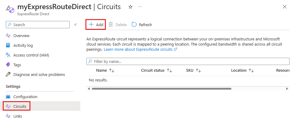 Screenshot of add a circuit button to an ExpressRoute Direct resource.