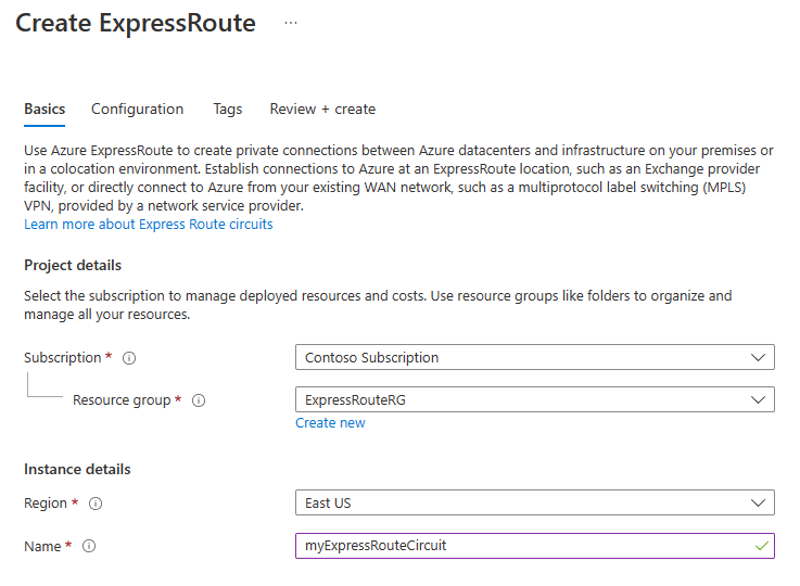 Screenshot of the basics page of the create ExpressRoute circuit.
