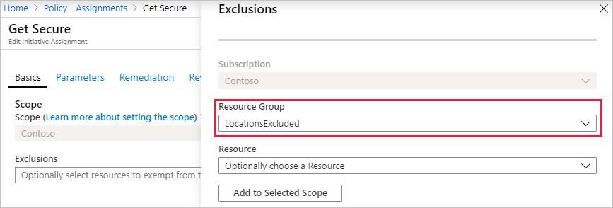 Screenshot of the Exclusions option on the Initiative Assignment page to add an excluded resource group to the policy assignment.