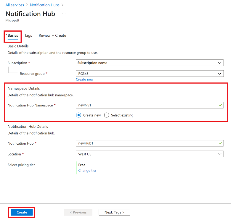 Azure Portal - eigenschappen van de Notification Hub instellen
