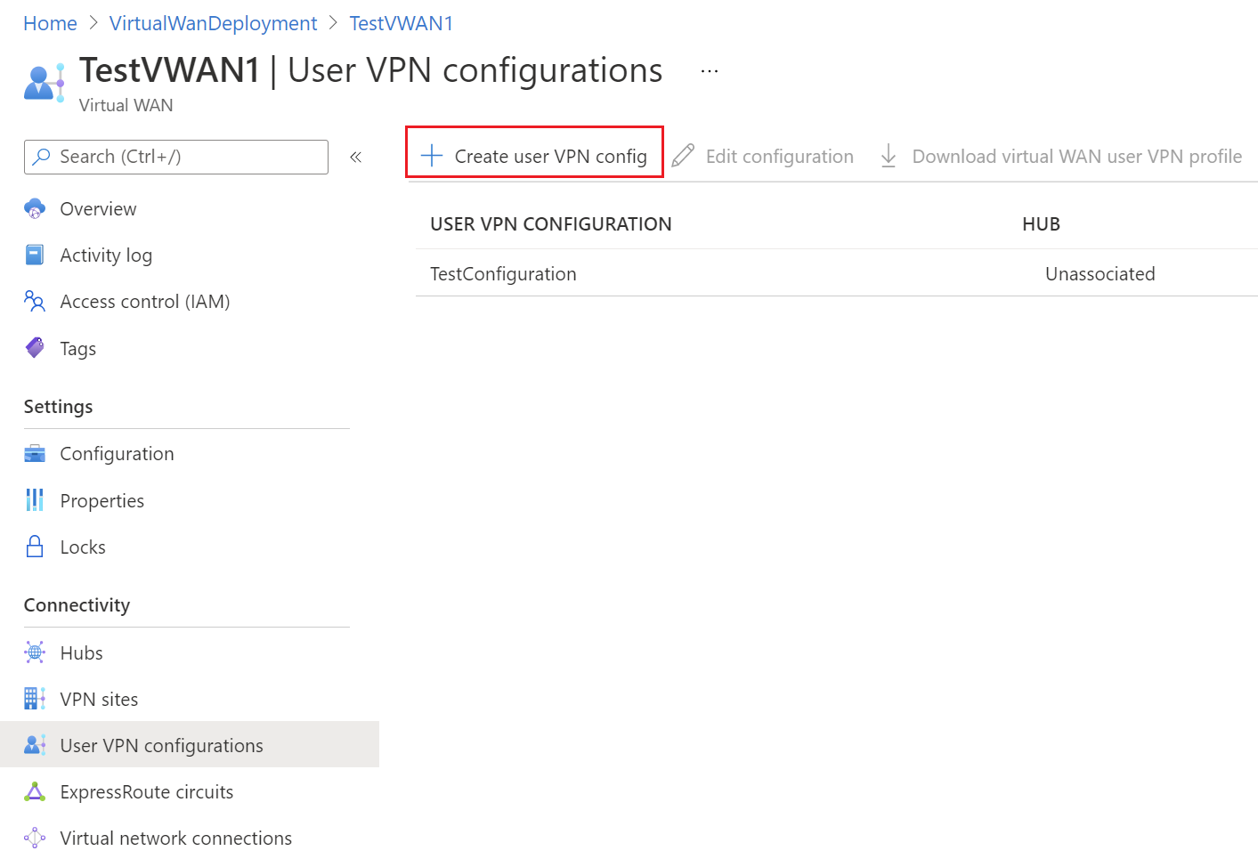 Schermopname van de pagina VPN-configuraties van gebruikers.