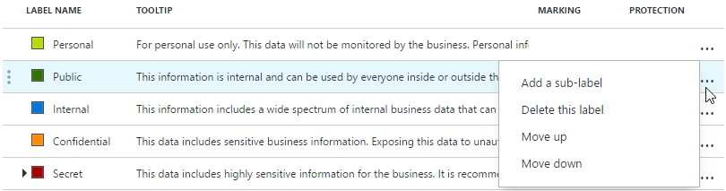 Delete or reorder labels in the Azure Information Protection policy