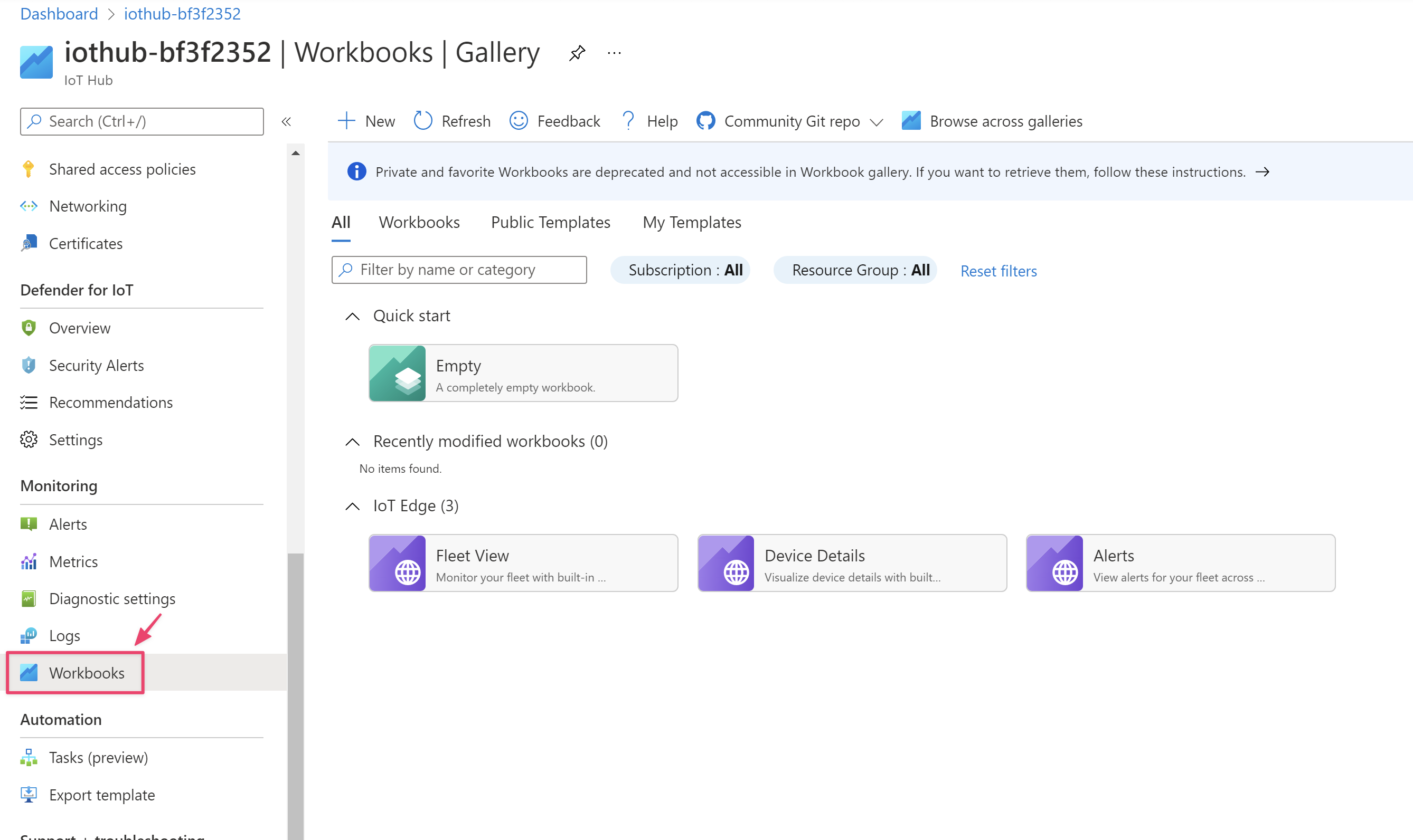 Selecteer werkmappen om de galerie met Azure Monitor-werkmappen te openen.