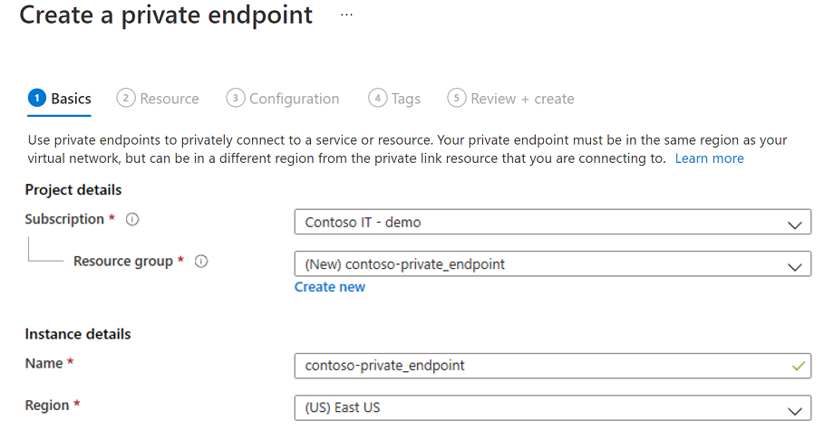 Screenshot that shows the 'Basics' tab on the 'Create a private endpoint (Preview) page.