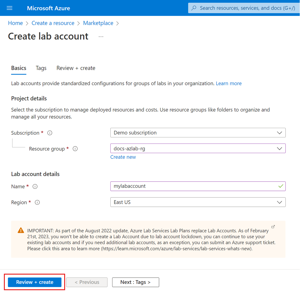 Screenshot that shows the Basics tab to create a new lab account in the Azure portal.
