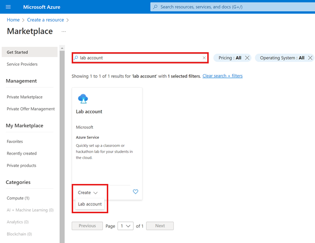 Screenshot of how to search for and create a lab account by using the Azure Marketplace.