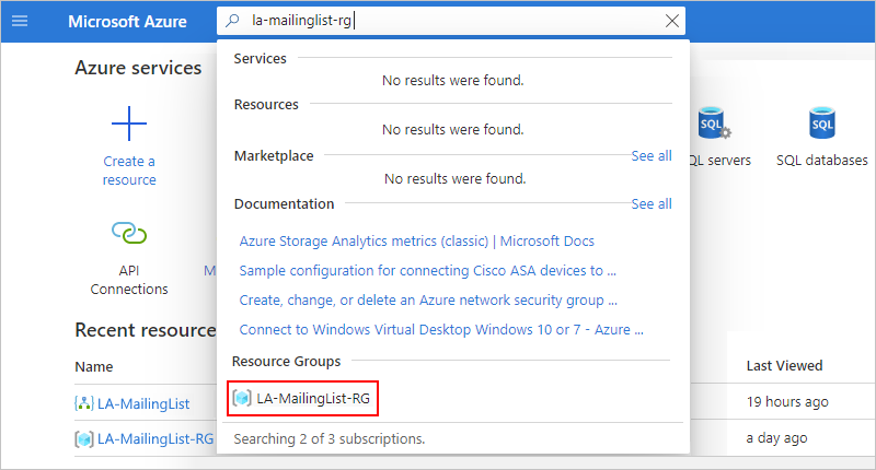 Schermopname van het Azure-zoekvak met 'la-mailinglist-rg' ingevoerd en LA-MailingList-RG geselecteerd.