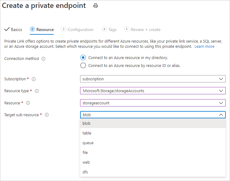 Screenshot showing private endpoint configuration page with blob and file options