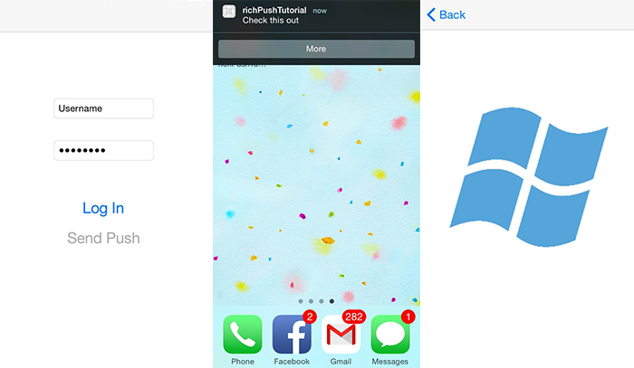 Drie schermafbeeldingen: een app-scherm met de knop Druk op verzenden, een startscherm op een apparaat en een Windows-logo met de knop Vorige.