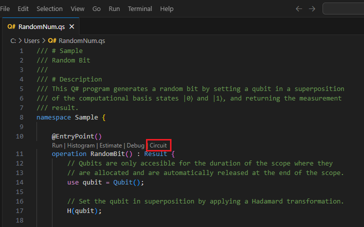 Schermopname van het Q# bestand in Visual Studio Code, waarin wordt weergegeven waar u de opdracht voor het codelenscircuit kunt vinden.