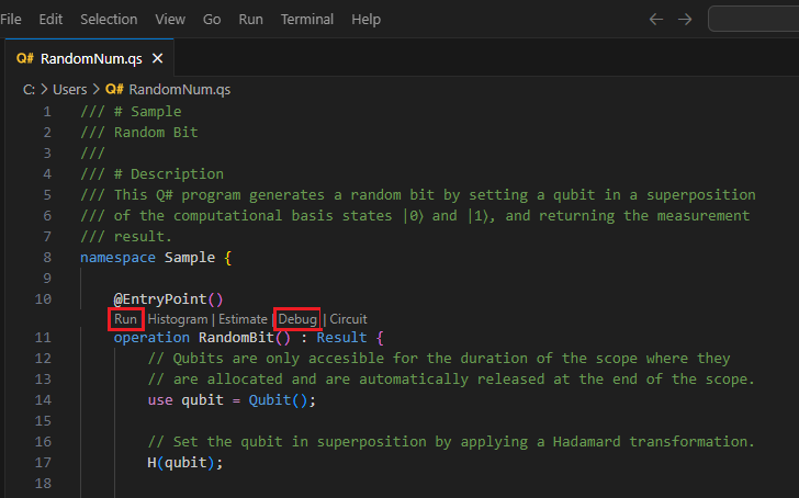 Schermopname van het Q#-bestand in Visual Studio Code waarin wordt weergegeven waar u de codelens kunt vinden met uitvoer- en foutopsporingsopdrachten.