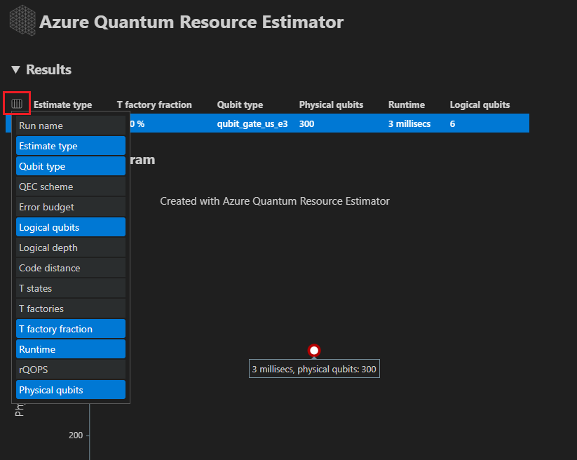 Schermafbeelding die laat zien hoe u het menu weergeeft om de uitvoer van de resource-schatting van uw keuze te selecteren.