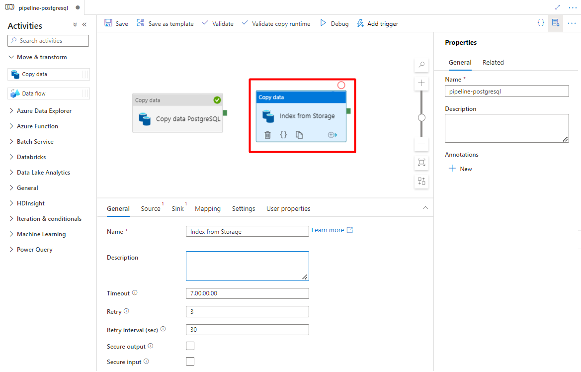 Screenshot showing how to drag and drop in Azure Data Factory to configure a copy activity.