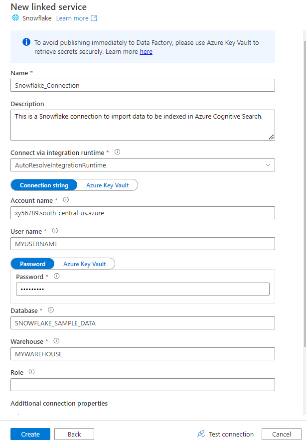 Screenshot showing how to fill out Snowflake Linked Service form.
