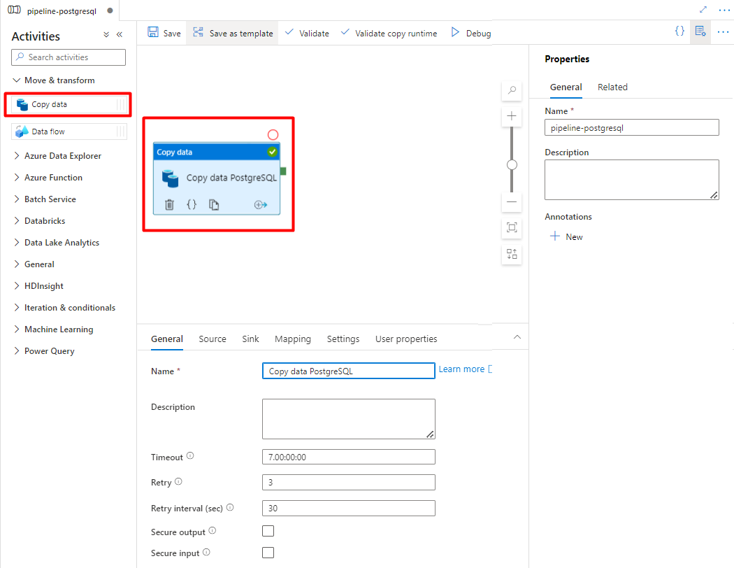 Screenshot showing how to drag and drop in Azure Data Factory to copy data from PostgreSQL.