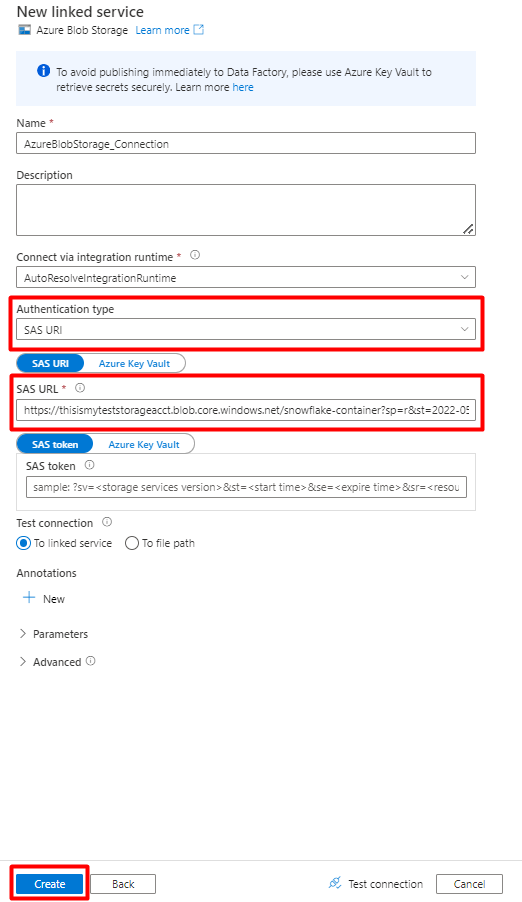 Screenshot showing how to fill out New Linked Search Service form in Azure Data Factory with its properties to import from SnowFlake.