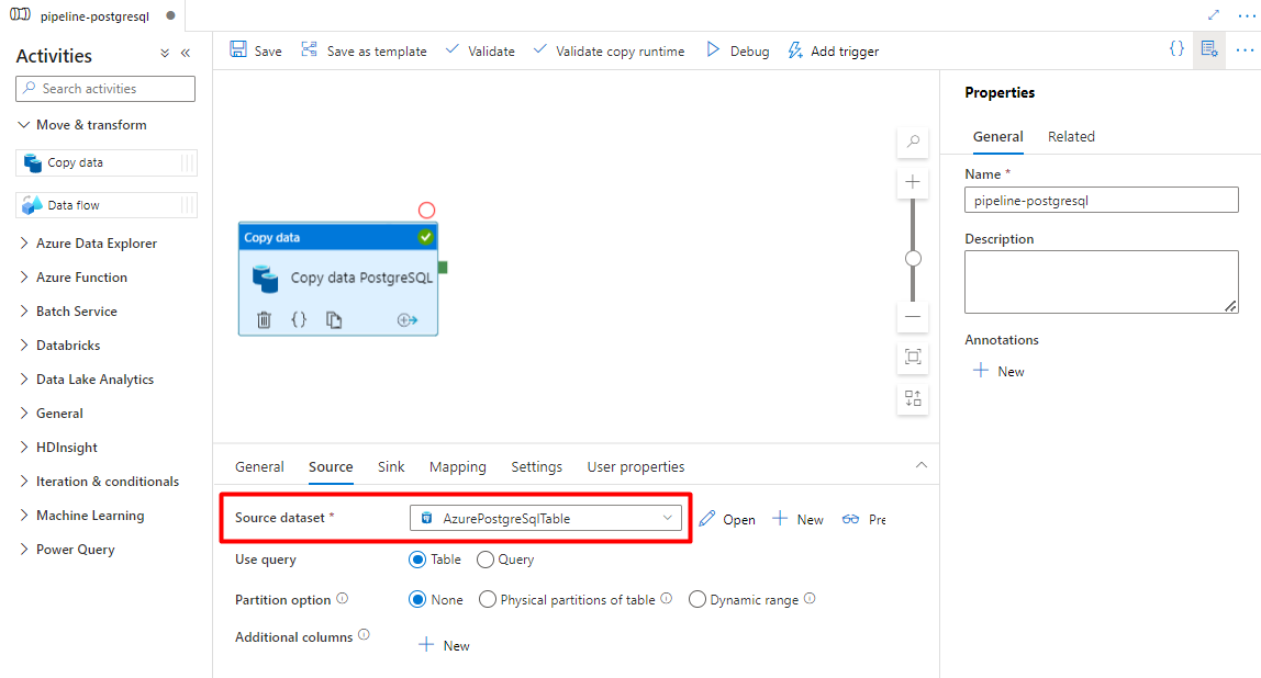 Screenshot showing how to configure Source to import data from PostgreSQL into Azure Storage blob in staging phase.