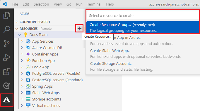 Schermopname van Visual Studio Code, in Azure Explorer, met de optie **Resourcegroep maken**.