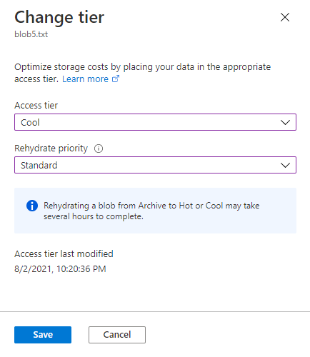 Screenshot showing how to rehydrate a blob from the Archive tier in the Azure portal 