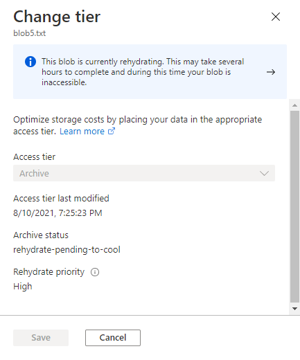 Screenshot showing the rehydration status for a blob in the Azure portal