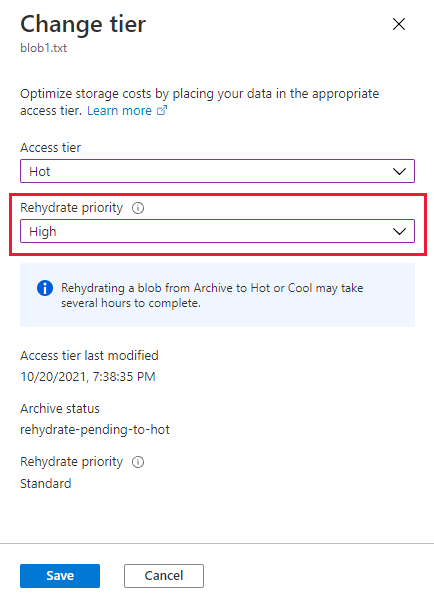 Screenshot showing how to update the rehydration priority for a rehydrating blob in Azure portal