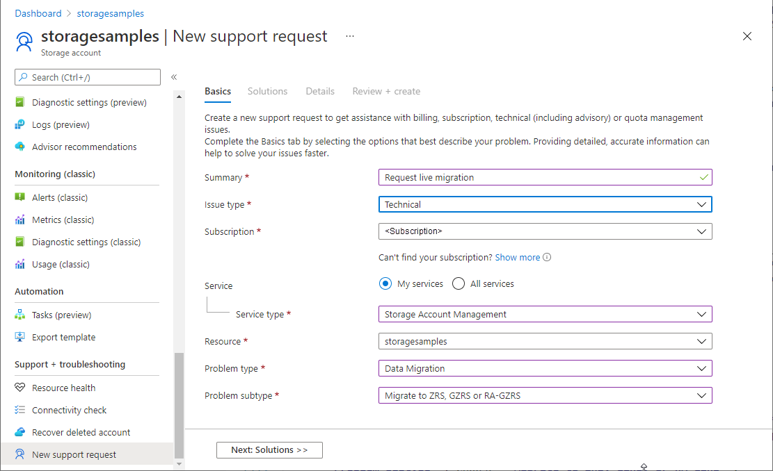Screenshot showing how to request a live migration - Basics tab
