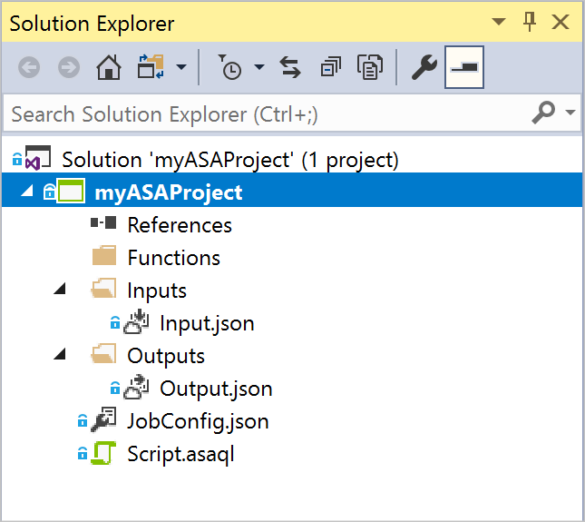 Schermopname van het Solution Explorer venster voor een voorbeeldproject van een Stream Analytics-toepassing in Visual Studio.