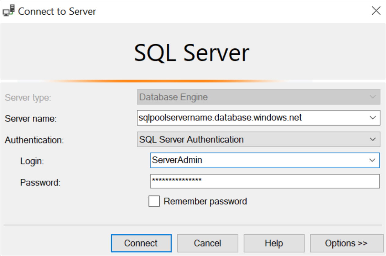 Een schermopname van SQL Server Management Studio (SSMS). Maak verbinding met de server.